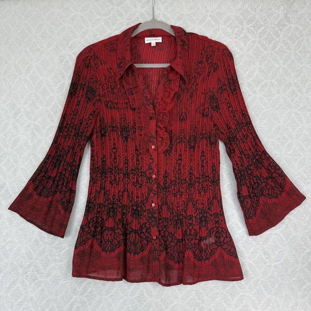 Vtg Y2K Sheer Ruffle Top Womens L Red Black Pleated Fairy Grunge Whimsigoth Emo